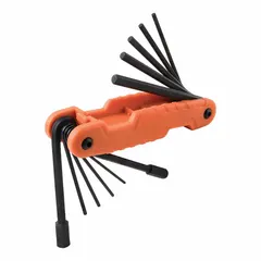 This folding key set includes 5 SAE hex keys with standard and long ends, housed in a folding holder for compact storage. The keys feature a black phosphate finish. Suitable for turning hex-head fasteners in general maintenance and repair tasks.