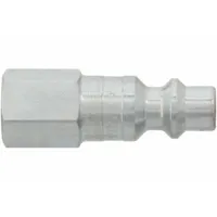 Steel quick-connect air coupling plug for industrial interchange systems. Features 3/8"-18 female thread and 3/8" hose fitting size. Used to connect pneumatic tools and hoses in compressed air systems