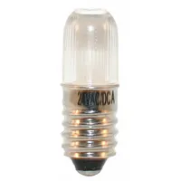 This miniature screw base (E10) LED lamp features a T3-1/4 tubular shape and emits amber light. It operates on 24V AC/DC and is commonly used as a direct replacement for incandescent lamps in indicator lights, control panels, and instrumentation