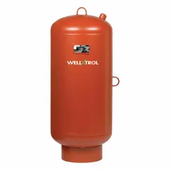 Vertical steel well water tank with 68-gallon capacity and 25 psi precharge pressure. ASME Section VIII Division 1 rated for commercial well water systems requiring consistent pressure maintenance. No pump stand included.