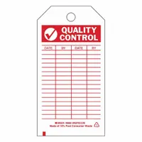 Red/white rectangular polyester tag for marking inspected or approved items. Chemical-resistant, suitable for indoor/outdoor use. 10-pack, each 3 in wide by 5 3/4 in high
