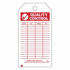 Red/white rectangular polyester tag for marking inspected or approved items. Chemical-resistant, suitable for indoor/outdoor use. 10-pack, each 3 in wide by 5 3/4 in high.