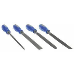 This file set includes an 8 in flat wood rasp, 8 in half round file, 8 in half round wood rasp, and 8 in round file. Each file comes with a handle for improved grip and control. The set is supplied in a pouch for convenient storage and transport. Suitable for shaping, smoothing, and deburring wood and metal in maintenance, fabrication, and woodworking tasks.