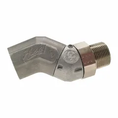 This swivel connector features a 1-inch BSP male inlet and a 1-inch BSP female discharge, constructed with an aluminum body. It is chemically compatible with ethanol, making it suitable for use in fuel-handling systems where flexible hose movement is required.