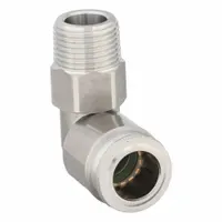 This stainless steel push-to-connect elbow fitting connects 12 mm OD tubing to a 3/8-19 universal thread. The push-fit design enables tool-free assembly in pneumatic and fluid systems. Commonly used in industrial automation, packaging, and material handling applications where space is limited