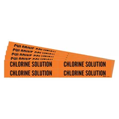 Orange pipe markers with black legend reading 'Chlorine Solution' for identifying piping carrying chlorine solution. Each pack contains 4 markers without arrows, fitting pipe outer diameters from 3/4 to 2-3/8 inches. Sold in a 5-pack configuration. Suitable for use in industrial facilities to mark chemical piping.