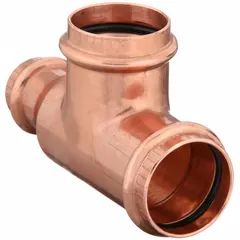 Copper or bronze press tee fitting with 2 in CTS x 1 1/2 in CTS x 2 in CTS sizes and Dimple Center Stop. Used in plumbing systems to create branch connections in copper or bronze piping.