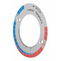 Chrome-finished metal decal for single-lever faucet handles on Temptrol II bathtub and shower faucets. Provides clear temperature indication for hot and cold settings. Includes one handle indicator