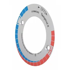 Chrome-finished metal decal for single-lever faucet handles on Temptrol II bathtub and shower faucets. Provides clear temperature indication for hot and cold settings. Includes one handle indicator.