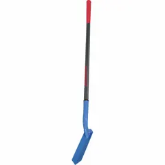 Trenching shovel with a 14-gauge steel blade in blue and a gray fiberglass straight handle. Designed for digging narrow trenches in compacted soil and roots. Suitable for construction, landscaping, and utility work.