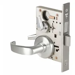 This privacy lever lockset features a satin chromium-plated stainless steel finish and is ADA compliant. It includes an interchangeable core and a 40H rose style. The F19 ANSI function allows push-button locking from the inside, suitable for interior doors in commercial or institutional settings where privacy is required. Not ligature-resistant and has no visual indicator message.