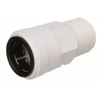 This WATTS adapter is a polysulfone push-to-connect fitting with male NPT threads. It connects 1 in OD tubing to 1 in pipe size ports without tools. Suitable for water, pneumatic, and low-pressure chemical systems requiring corrosion resistance