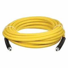 This 25 ft yellow hose assembly features a 3/8 in inside diameter and is rated for 3,000 psi with a temperature range of -20° to 210° F. The antimicrobial carboxylated nitrile cover resists bacterial growth, making it suitable for high-pressure washdown and cleaning applications in industrial and sanitary environments.