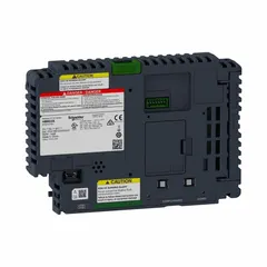 12V DC HMI from the Harmony GTO Series supporting Modbus, Modbus TCP/IP, and Uni-Telway protocols. Features Ethernet and USB connectivity for operator interface and machine control in industrial automation applications.