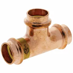 This NIBCO press tube tee fitting is made of copper or bronze for gas systems. It has a 1 in CTS x 1 in CTS x 1 in CTS x 3/4 in CTS size with no center stop. Used to branch a gas line into two directions in commercial or industrial piping.