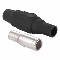 This female plug from the 22 Series features a crimp tube termination and is rated for 600 A at 600V AC/600V DC. The black housing is designed for single-pole inline connections in high-current industrial power applications such as temporary power distribution and manufacturing equipment.