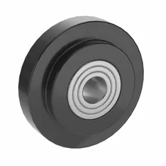 This roller wheel is designed for use with T-slot aluminum framing profiles. It measures 39 mm in length, 17.6 mm in width, and 39 mm in height, and is black with an unfinished finish. The wheel accommodates one slot and does not include fasteners. Typical applications include guided linear motion in conveyors, machine guards, and workstations.