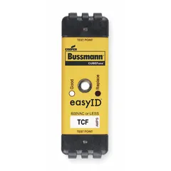 The BUSSMANN TCF100 is a 100 A, 600 V AC / 300 V DC time-delay cube fuse from the TCF Series. It features an indicating function for visual identification of a blown fuse. This fuse is used for overcurrent protection in circuits with inductive loads, such as motor and transformer applications, where temporary inrush currents occur.