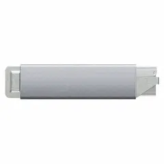 This box cutter features a steel standard tip with a plain edge and a silver aluminum body. It has an overall length of 4 1/2 inches and includes a quick-change blade mechanism. Sold in a 12-pack, it is suitable for cutting cardboard, tape, and packaging materials in warehouses, shipping departments, and retail environments.