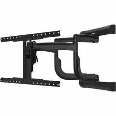 This steel full-motion television mount is designed for wall mounting flat-panel screens from 46 to 90 inches, supporting up to 150 lb. It provides a 90° swivel and 5° down tilt, allowing flexible viewing angle adjustments. The mount features a gloss black finish and includes a cover and all necessary mounting hardware.