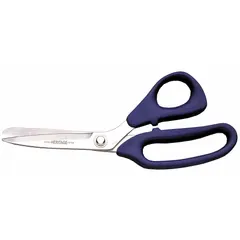 These offset plastic-handle scissors feature straight stainless steel blades with a fine edge, measuring 9 inches overall. The ambidextrous design and blue handles suit general cutting tasks in electrical, construction, and maintenance applications.
