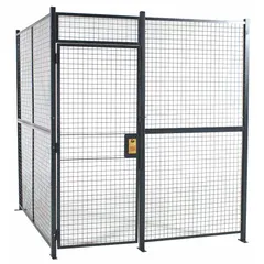 This four-sided welded-wire partition cage measures 8 ft wide by 8 ft deep by 8 ft high. It is finished in gray powder coating and includes a hinged door with a keyed different cylinder lock and a ceiling panel. Typical applications include securing inventory, tools, or equipment in industrial environments.