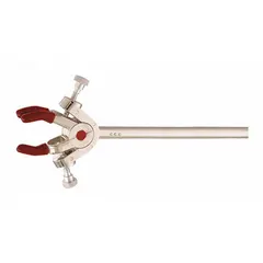 This lab clamp is constructed of zinc and features 3 prongs with a 6-inch overall length and a minimum jaw opening of 0 inches. It is used to securely hold glassware, tubing, or apparatus to a support rod or wall mount in laboratory setups such as titrations or distillations.