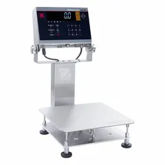 This bench scale features a column-mounted indicator and a stainless steel weighing surface. It offers readability of 0.002 lb/1 g and Bluetooth connectivity. The IP68/IP69K rating allows use in washdown environments. Typical applications include industrial weighing tasks where moisture or dust is present.