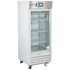 This 12 cu ft upright lab refrigerator maintains a temperature range of 1°C to 10°C for storage of temperature-sensitive materials. It features a white swing glass door that opens to the right, uses R-290 refrigerant, and includes a temperature alarm. Overall depth is 29 3/4 in.