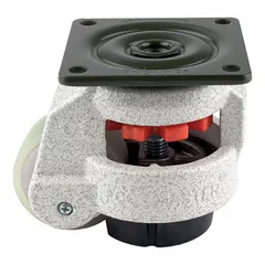 Medium duty leveling plate caster with a 50 mm polyurethane tread wheel and 82 mm mounting height. White frame. Suitable for industrial carts, shelving, and light machinery in workshops and warehouses.