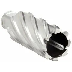 High-speed steel annular cutter with 1 7/16 in diameter and 2 in maximum cutting depth. Bright finish, Weldon Flat shank, fractional inch sizing, includes pilot pin. Used with magnetic drills for cutting clean holes in structural steel, plate, and pipe.