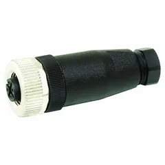 This M12 socket connector features a plastic housing, A-coding, and screw terminals for field wiring. It is rated IP67 for dust and water ingress protection and supports 250V AC/250V DC. Suitable for signal, low-power, and Gigabit data connections in industrial environments.