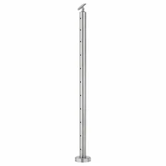 Floor-mounted end post for modular handrail systems. Constructed of stainless steel with a silver finish, round profile, supports one rail level. Designed for terminating a handrail run at the end of a deck, stair, or balcony.