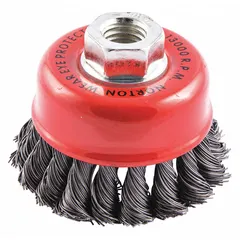 This cup brush features standard twist knot wire bristles with a 0.02 in fill diameter, designed for heavy cleaning of contoured carbon steel surfaces. The 3-1/2 in diameter brush connects via a 5/8"-11 arbor hole. Typical applications include removing rust, scale, and weld splatter from irregular shapes.