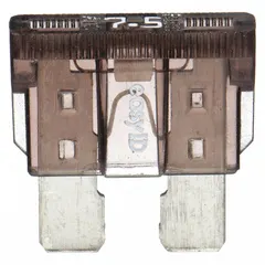 Fast-acting, standard profile automotive fuse rated 7.5 A at 32 V DC. Indicating type shows blown fuse for quick identification. Suitable for overcurrent protection in vehicle electrical circuits such as lighting, motors, and accessories.