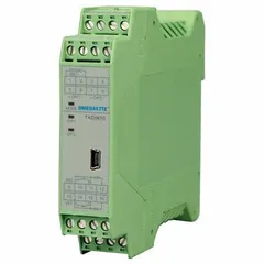 DIN rail mountable signal conditioner with dual-channel input. Operates at 11 V. Overall dimensions: 100 mm depth, 100 mm height. Used in industrial control panels for converting, isolating, or amplifying sensor signals.