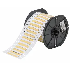 Polyolefin sleeve label roll for wire and cable identification. Yellow matte finish, 1/8 in x 2 in size, suitable for 16 AWG to 22 AWG wire gauge. Compatible with i3300 printer series. Used in electrical panels, machinery, and control systems for durable marking.