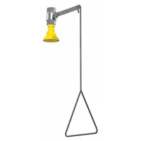 Ceiling-mount emergency shower with plastic sprayhead, galvanized steel pipe, and yellow finish. Features 1 in NPT male connection and pull-rod activation. Suitable for industrial and commercial safety applications requiring overhead installation