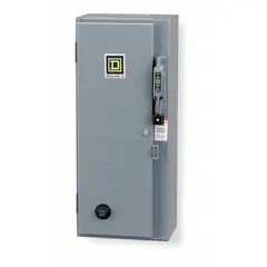Three-phase, 3-pole NEMA Size 1 combination starter with circuit breaker and thermal overload protection. Coil voltage 120V AC, maximum voltage rating 600V AC. NEMA 12 enclosure protects against dust and dripping liquids. Requires 3 melting alloy thermal units (not included). No control transformer, pilot light, or auxiliary contacts.