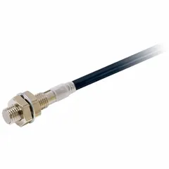 Shielded inductive cylindrical proximity sensor with a normally open (NO) output, operating on 10-30V DC. Features a 3-wire configuration with a 2-meter non-terminated cable. Suitable for non-contact detection of metal objects in industrial automation applications such as position sensing and part presence verification.