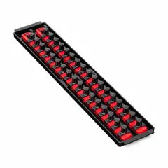 Red plastic socket organizer tray with 34 posts/slots for holding standard sockets. Overall width 3-5/8 inches. Includes I.D. stickers for socket identification. Suitable for organizing sockets in workshops, garages, and maintenance areas.