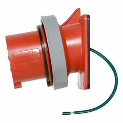 Washdown-rated pin and sleeve inlet for three-phase 277/480V AC, 20 A applications. Features 4 poles, 5 wires, and IEC grounding. Suitable for industrial environments requiring water-resistant connections, such as food processing and washdown areas.