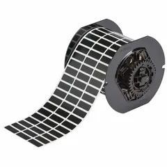 Thermal transfer precut label roll measuring 3/8 in x 1 in, with rubber permanent adhesive. Supplied as a roll of 7,000 labels. Compatible with Brady BBP33 printer series. Used for industrial labeling and identification tasks such as asset tracking, cable marking, and safety labeling.
