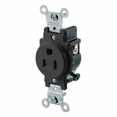 Single general purpose receptacle rated 125V AC, 15 A, NEMA 5-15 configuration, 2 pole/3 wire. Black finish. Suitable for power distribution in commercial and industrial settings, commonly used with lighting, office equipment, and light machinery.
