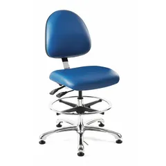 ESD-safe ergonomic task chair with vinyl seat and aluminum base. Armless design with foot support. Back tilts 11° forward and 15° backward; seat tilts 6° forward and 6° backward. Adjustable height from 21 1/2 in to 31 1/2 in. Suitable for environments requiring electrostatic discharge protection.