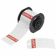 Roll of 100 pre-cut polyester danger tags, each 5 3/4 in x 3 1/4 in, white. Designed for indoor and outdoor use. Compatible with BBP35 printer series; requires B30-R10000 ribbon. Used for industrial safety labeling to warn personnel of hazards.