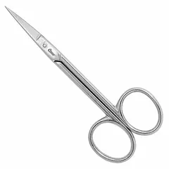 These all-metal scissors feature straight, pointed steel blades with a silver finish. The 4-1/2 in overall length and ambidextrous design make them suitable for precision cutting tasks such as trimming wires, stripping insulation, and cutting small components in confined spaces.