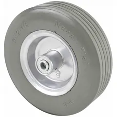 Flat-free polyurethane foam wheel with 8 in diameter and 2 1/2 in width. Supports a 300 lb load capacity. Suitable for industrial carts, hand trucks, and light-duty material handling equipment where a puncture-proof tire is required.