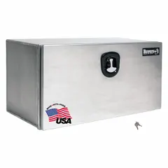 Single drop-down door box in silver with a smooth finish. Features a keyed lock for security. Suitable for underbody storage on trucks and service vehicles, providing organized access to tools and equipment.