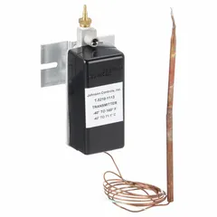 This direct-acting pneumatic temperature transmitter uses a remote bulb element to sense duct air temperature and transmit a proportional pneumatic signal. It mounts on ductwork and features a barb-type air connection. Operating range is -40°F to 160°F with 20 psi to 25 psi supply pressure. Commonly applied in HVAC building automation for zone temperature control.